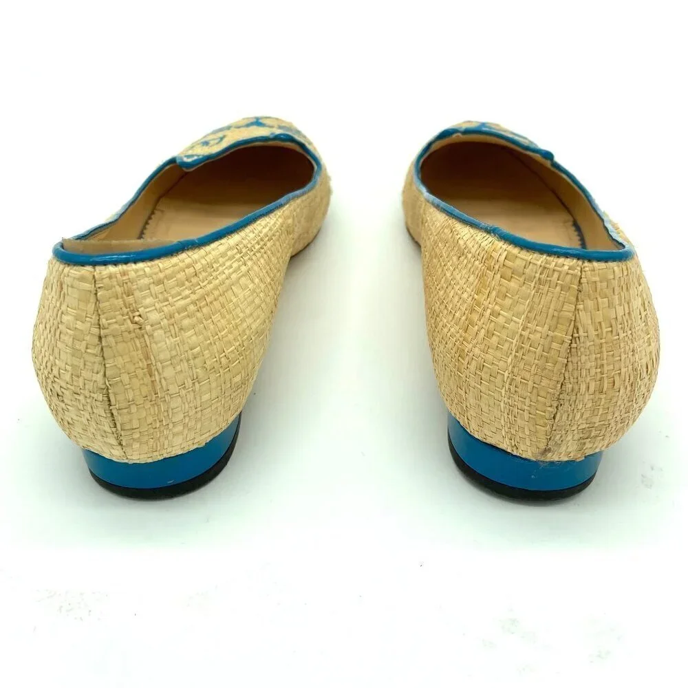 Charlotte Olympia Beige and Blue Raffia Kitty Flats Loafers RARE EU 37 US 6.5-7 - Picture 8 of 12